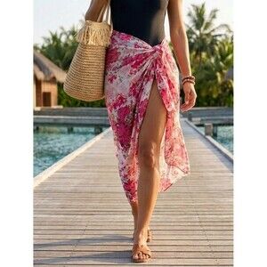 J. Francis Oversized Floral Sarong Wrap Sheer Pink Beach Coverup 42x66